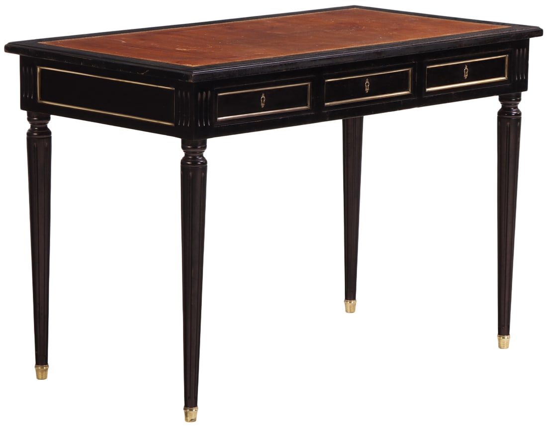 FRENCH EBONIZED MAHOGANY LOUIS XVI STYLE LEATHER TOP WRITING DESK HAVING THREE DRAWERS C 1950.: French ebonized mahogany Louis XVI style leather top writing desk having three drawers C 1950. Kneehole measuring a height of 24". Ht: 30" Wd: 43.5" Dpth: 23.75"