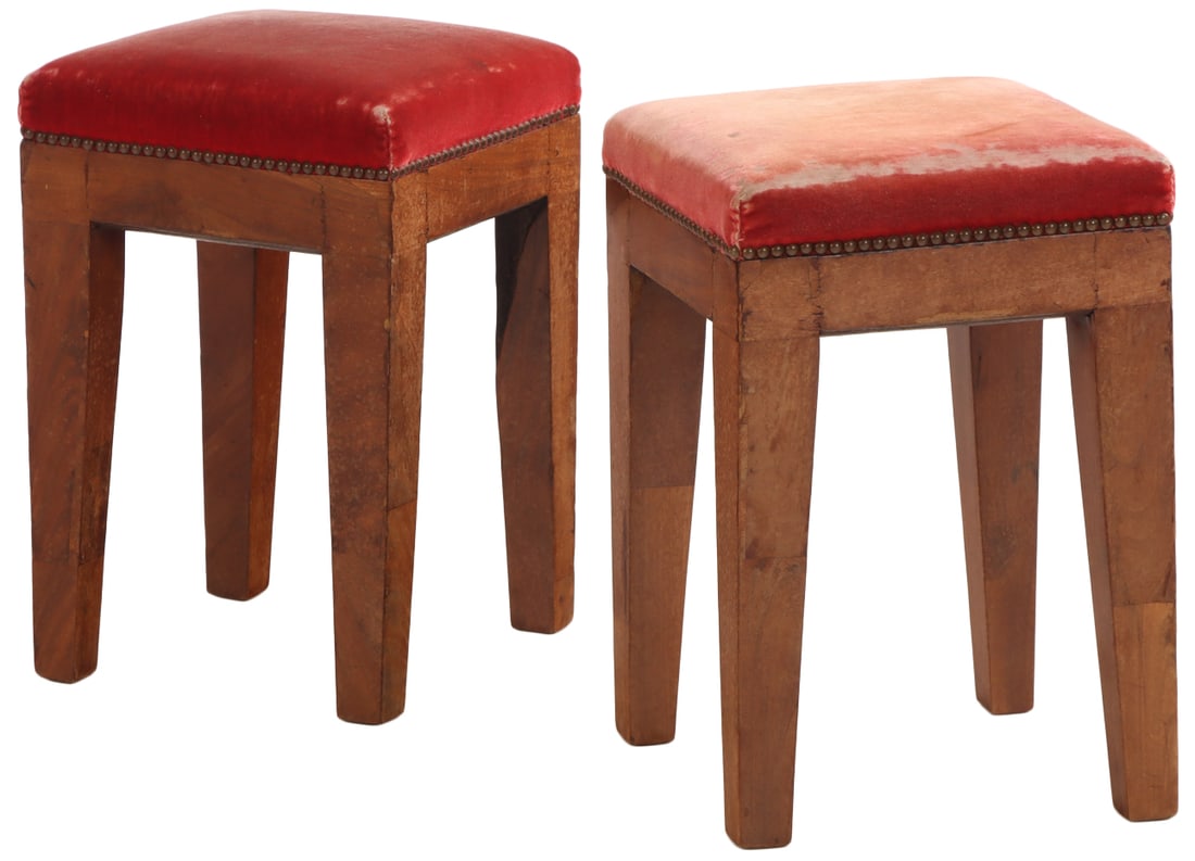 PAIR OF FRENCH MAHOGANY NINETEENTH CENTURY UPHOLSTERED STOOLS.: Pair of French mahogany nineteenth century upholstered stools. Ht: 21" Wd: 14" Dpth: 14"