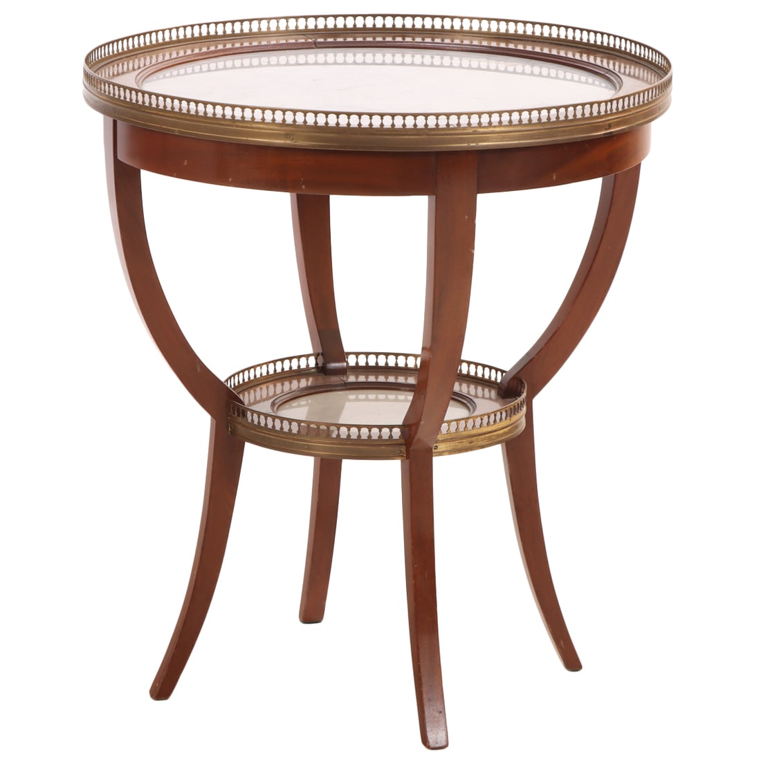 MAHOGANY DIRECTOIRE STYLE MARBLE TOP OCCASIONAL TABLE HAVING A BRASS GALLERY C 1950.: Mahogany Directoire style marble top occasional table having a brass gallery C 1950. Ht: 24.5" Wd: 22.25" Dpth: 22.25"