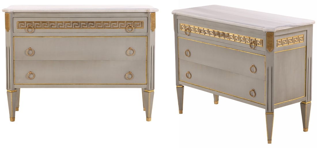 PAIR OF PAINTED AND BRONZE MOUNTED DIRECTOIRE STYLE MARBLE TOP COMMODES.: Pair of painted and bronze mounted Directoire style marble top commodes. Ht: 37" Wd: 49.25" Dpth: 20.5"