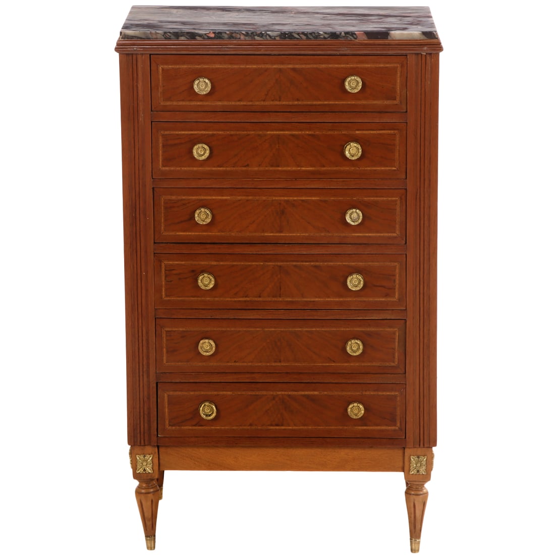 SIX DRAWER MARBLE TOP CHEST HAVING BRASS HARDWARE IN THE LOUIS XVI STYLE C 1940.: Six drawer marble top chest having brass hardware in the Louis XVI style C 1940. Ht: 37.25" Wd: 22.25" Dpth: 14.75"