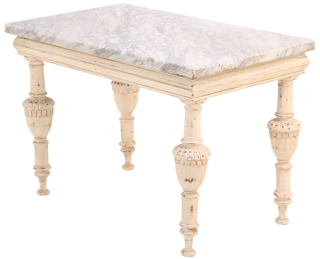PAINTED AND CARVED TABLE HAVING SHAPED LEGS AND A VERY NICE MARBLE TOP C 1900.: Painted and carved table having shaped legs and a very nice marble top C 1900. Ht: 31.5" Wd: 47" Dpth: 27.5"