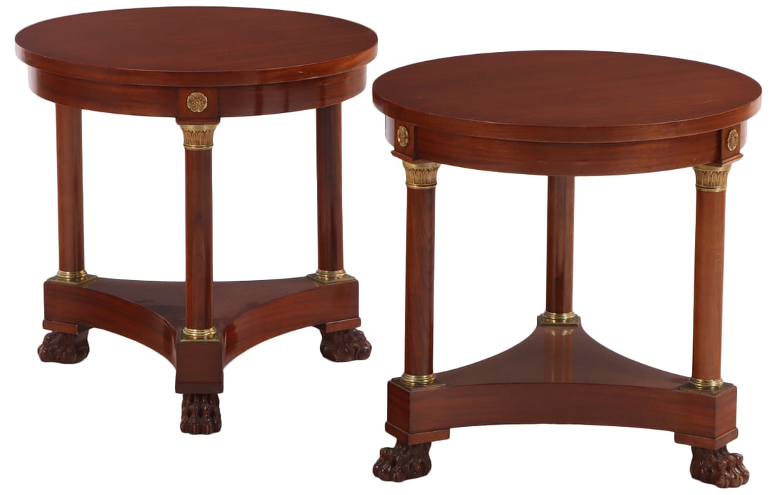 PAIR OF MAHOGANY FRENCH EMPIRE STYLE BRONZE MOUNTED END TABLES C 1950.: Pair of mahogany French Empire style bronze mounted end tables C 1950. Ht: 27.25" Wd: 27.5" Dpth: 27.5"