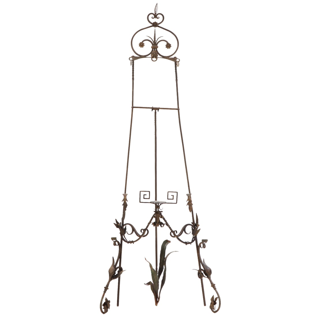 RARE FRENCH ART NOVEAU ADJUSTABLE EASEL C 1900 HAVING HAD WROUGHT FLORAL DETAILS AND A CENTRAL: Rare French Art Noveau adjustable easel C 1900 having had wrought floral details and a central platform for an oil lamp. Ht: 83.75" Wd: 34.25" Dpth: 51.5"