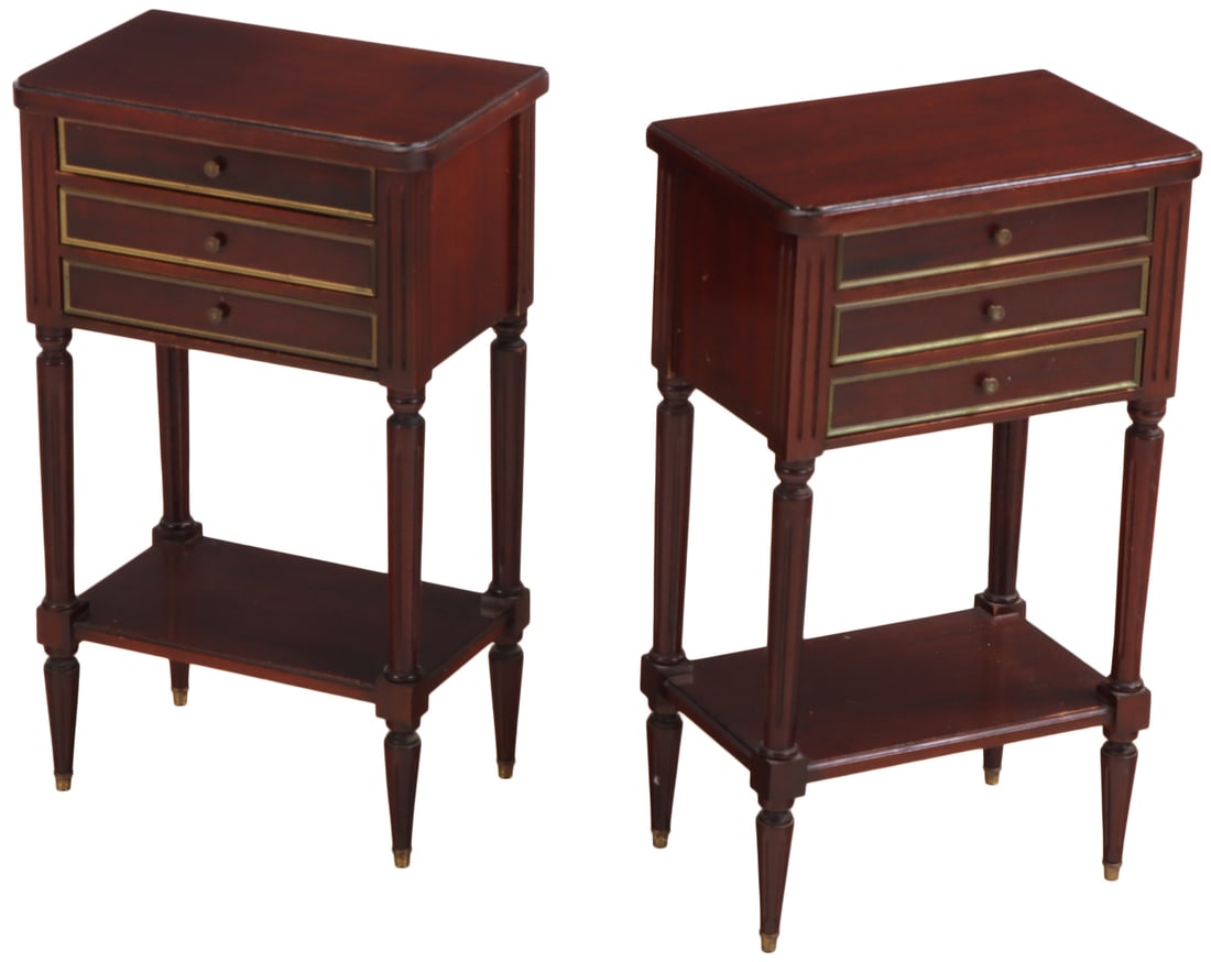 PAIR FRENCH MAHOGANY BRONZE MOUNTED LOUIS XVI STYLE TABLES HAVING THREE DRAWERS C 1945. (1 of 4)