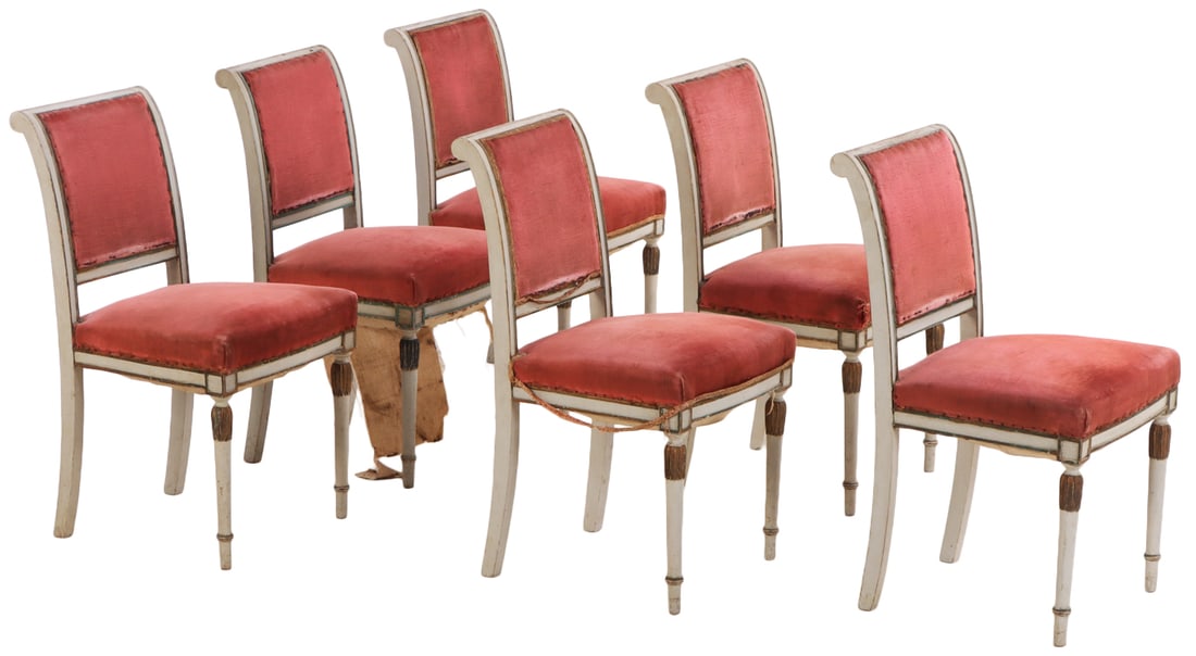 SIX PAINTED FRENCH DIRECTOIRE STYLE UPHOLSTERED DINING CHAIRS C 1940.: Six painted French Directoire style upholstered dining chairs C 1940. Ht: 33" Wd: 18" Dpth: 20" Seat: 19"