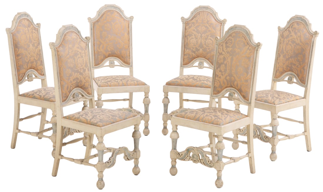 SIX UPHOLSTERED TWO-TONE PAINTED CHAIRS WITH BALUSTER TURNED LEGS C 1900.: Six upholstered two-tone painted chairs with baluster turned legs C 1900. Ht: 43.75" Wd: 18" Dpth: 17.5" Seat: 19.5"