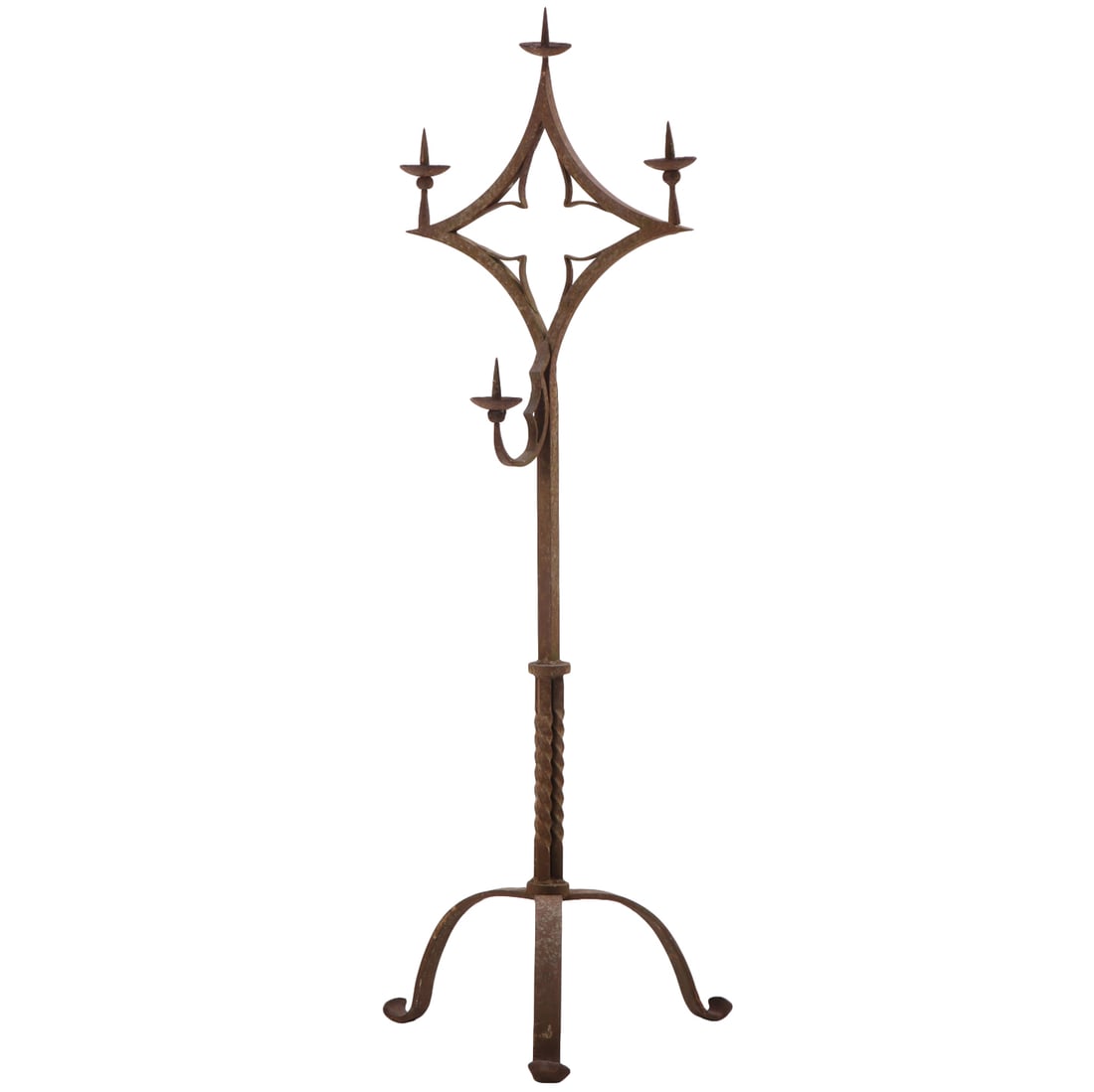 FRENCH NEO-GOTHIC HEAVY IRON CANDLE STICK.: French Neo-Gothic heavy iron candle stick. Ht: 61.25" Wd: 20" Dpth: 20.5"