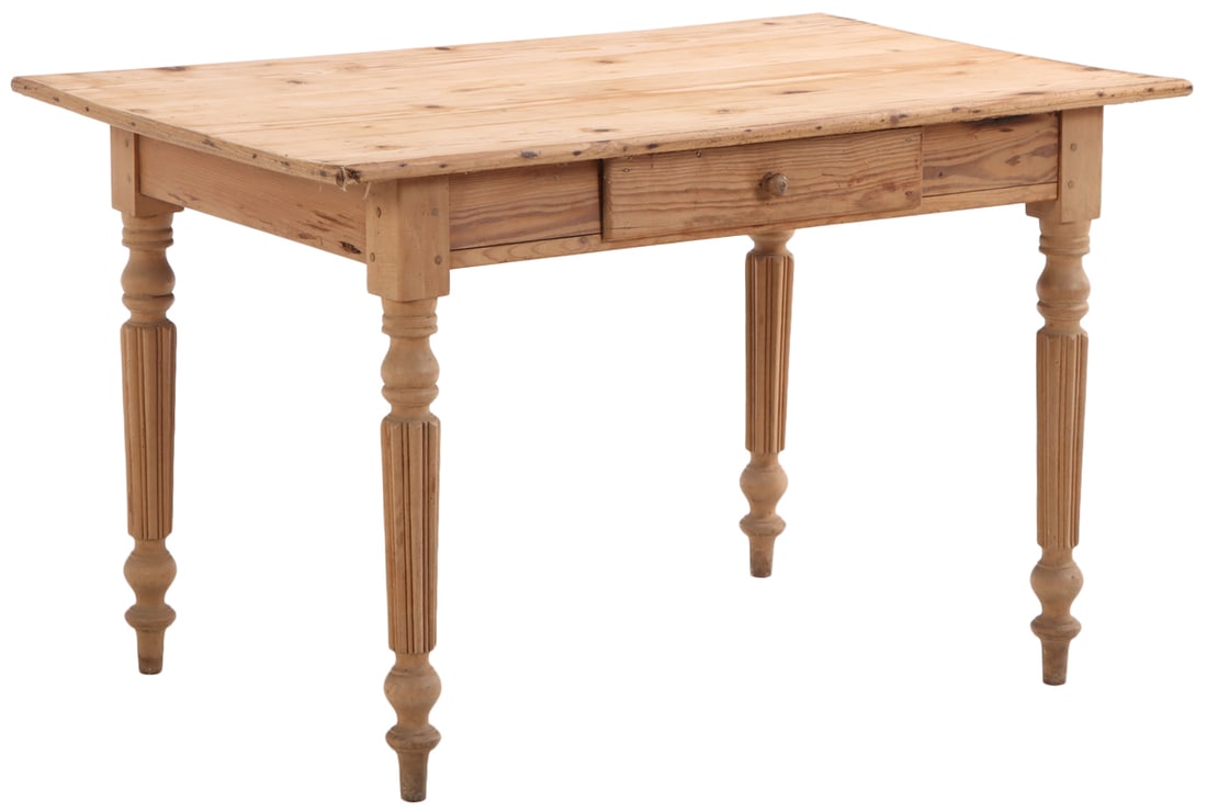 LATE NINTEENTH CENTURY PINE TABLE WITH ONE DRAWER AND FLUTED LEGS: Late ninteenth century pine table with one drawer and fluted legs Ht: 28.5" Wd: 46.5" Dpth: 28.75"