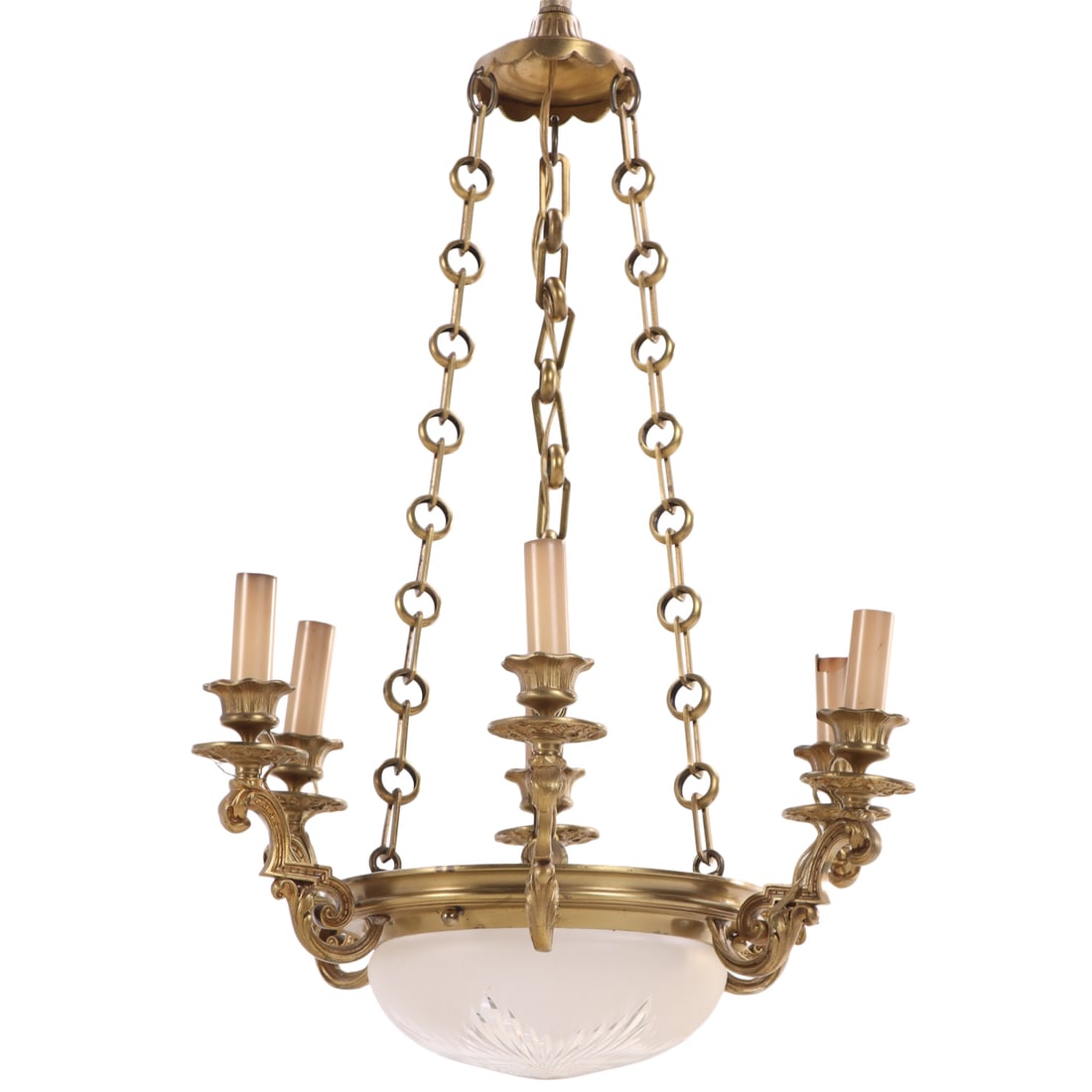 FRENCH EMPIRE STYLE PETITE CHANDELIER OR PENDANT, CAST BRONZE WITH GLASS DOME C. 1920: French Empire style petite chandelier or pendant, cast bronze with glass dome c. 1920 Ht: 26" Wd: 17" Dpth: 17"