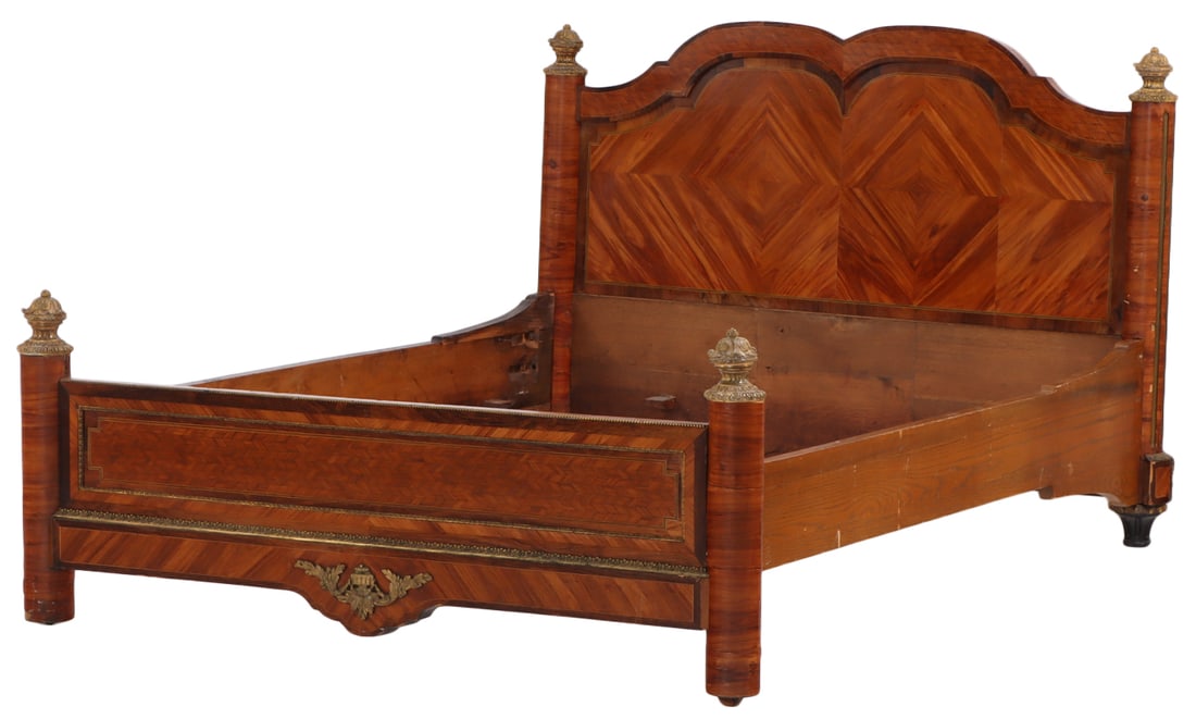 FRENCH NINETEENTH CENTURY KINGWOOD AND BRONZE MOUNTED NAPOLEON III FULL SIZE BED.: French nineteenth century kingwood and bronze mounted Napoleon III full size bed. Interior- Wd: 55.75", Dpth: 75". Bed has a replacement caster wheel. Ht: 44" Wd: 62" Dpth: 82"