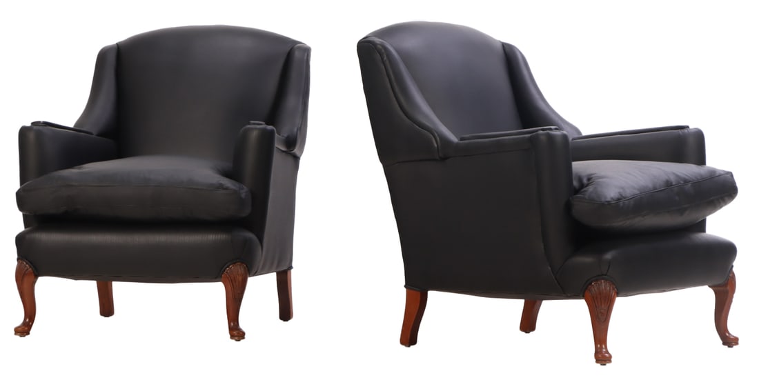 PAIR OF LEATHER UPHOLSTERED CLUB CHAIRS C 1950 WITH NEW LEATHER. (1 of 7)