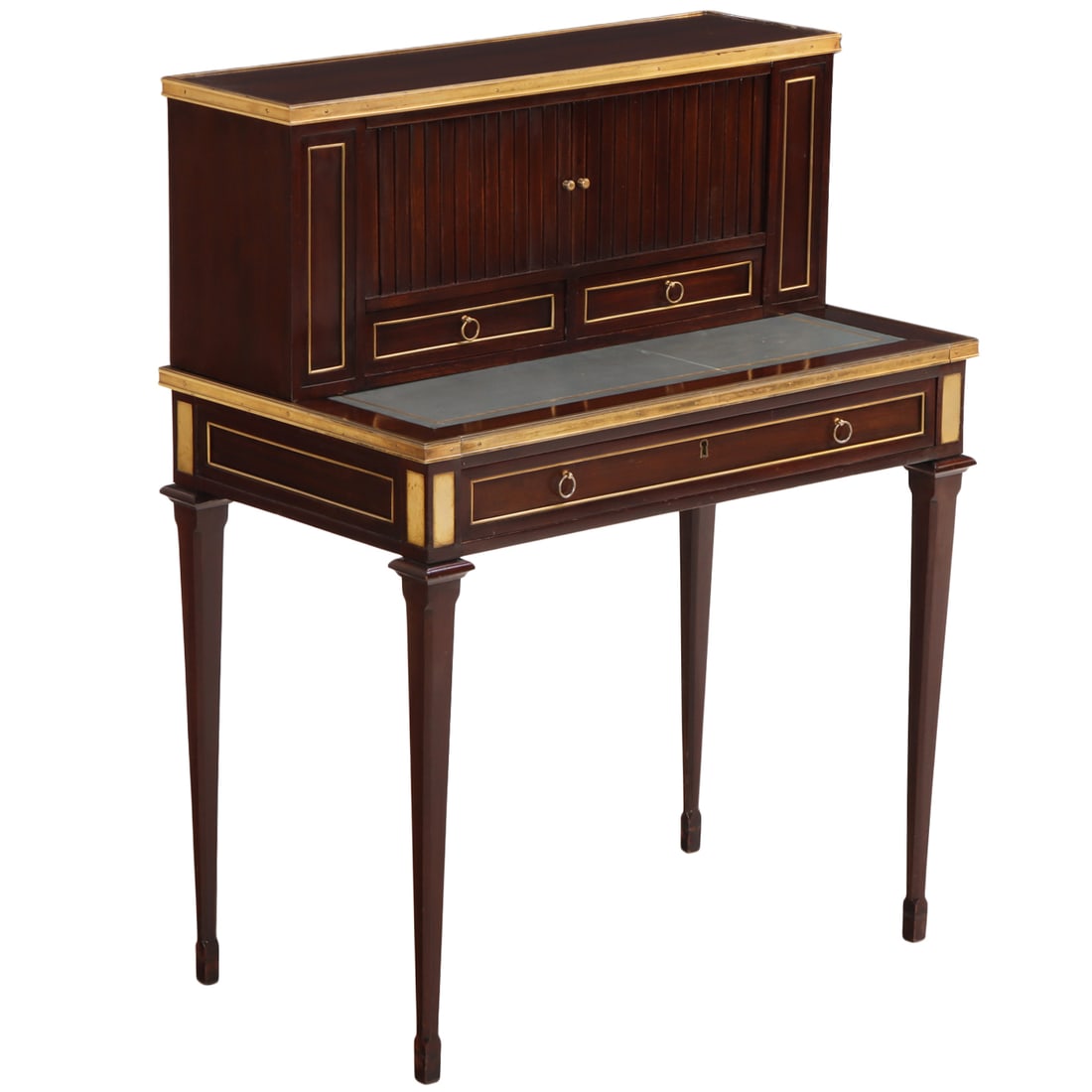 QUALITY MAHOGANY DIRECTOIRE STYLE BRONZE MOUNTED TAMBOUR DESK WITH PULL OUT LEATHER COVERED WRITING: Quality mahogany Directoire style bronze mounted tambour desk with pull out leather covered writing surface C 1940. Ht: 41" Wd: 32" Dpth: 18.5"