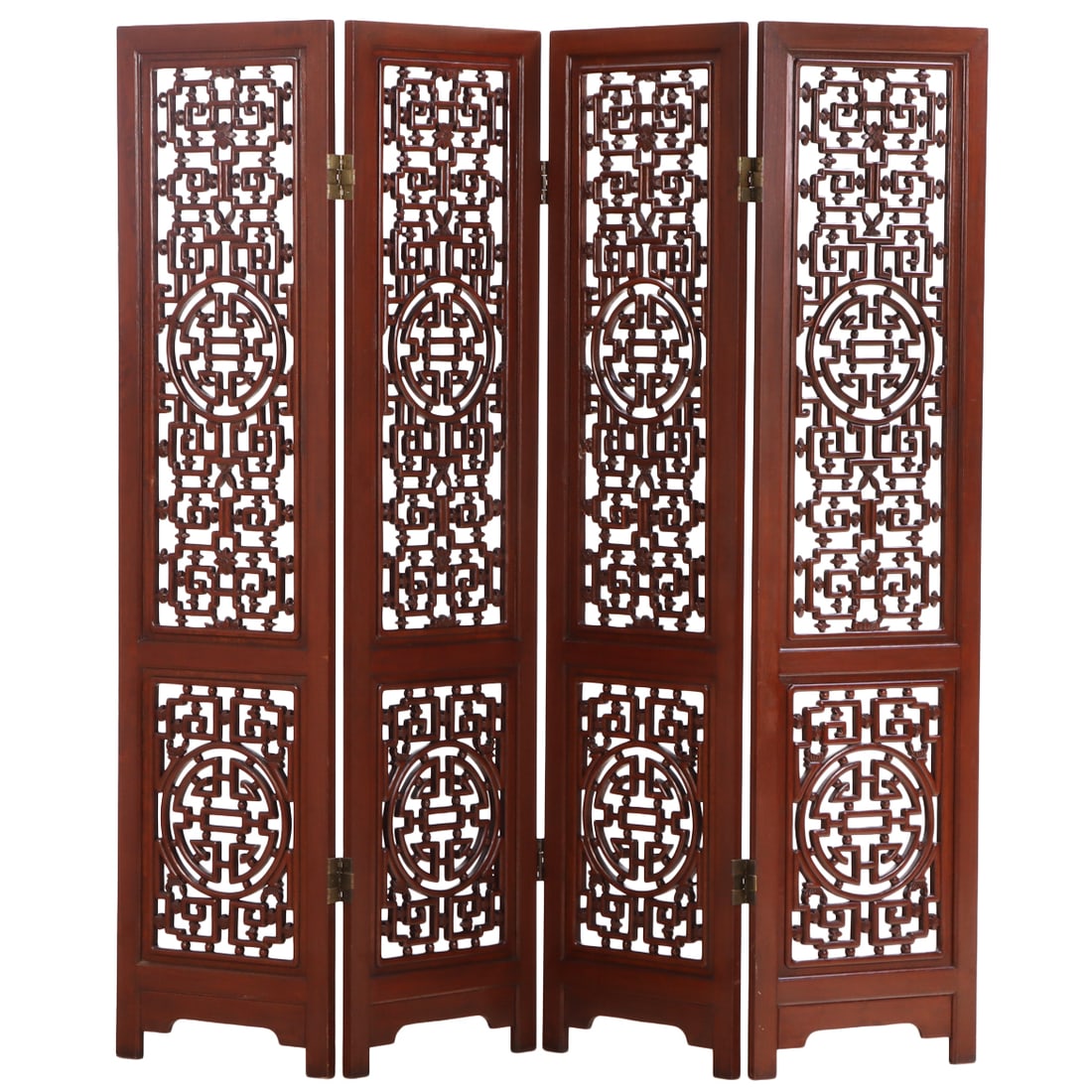 CARVED MAHOGANY FOUR PANEL ROOM DIVIDER C 1950.: Carved mahogany four panel room divider C 1950. Ht: 71.75" Wd: 73" Dpth: 1"
