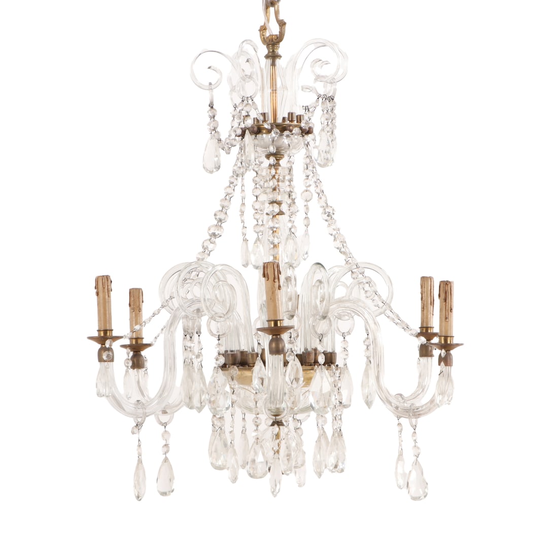 SIX ARM GLASS, BRASS AND CRYSTAL CHANDELIER IN THE REGENCY STYLE C 1940.: Six arm glass, brass and crystal chandelier in the Regency style C 1940. Ht: 35" Wd: 30.5" Dpth: 30.5"