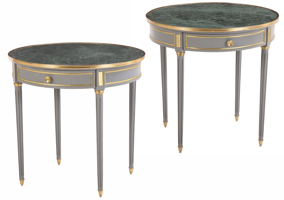 PAIR OF BRONZE MOUNTED AND PAINTED MARBLE TOP GUERIDON TABLES IN THE LOUIS XVI STYLE.: Pair of bronze mounted and painted marble top gueridon tables in the Louis XVI style. Ht: 30.5" Wd: 31.5" Dpth: 31.5"