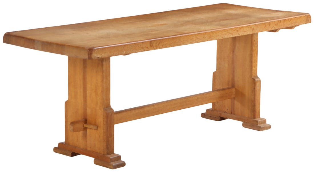 BELGIAN OAK SLAB TOP TABLE WITH ARCHITECTURAL BASES C 1950.: Belgian oak slab top table with architectural bases C 1950. Ht: 30.25" Wd: 78.5" Dpth: 31.25"