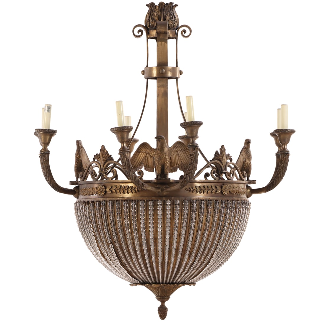 ITALIAN BRASS AND CRYSTAL EIGHT ARM CHANDELIER WITH FULL BODY EAGLES FOR MAITLAND SMITH.: Italian brass and crystal eight arm chandelier with full body eagles for Maitland Smith. Ht: 50" Wd: 37" Dpth: 37"