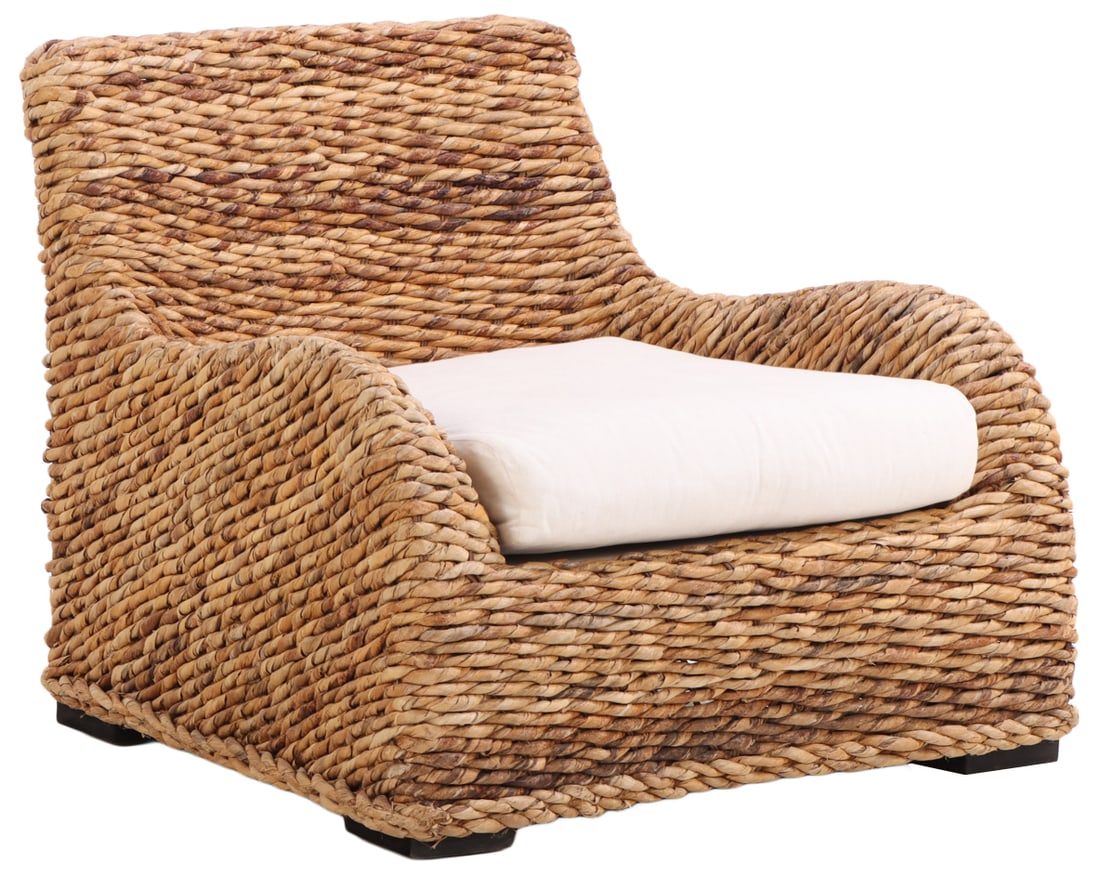 LARGE SCALE RATTAN ARM CHAIR WITH NEW CUSHIONS C 1975 IN THE MANNER OF RALPH LAUREN. (1 of 6)