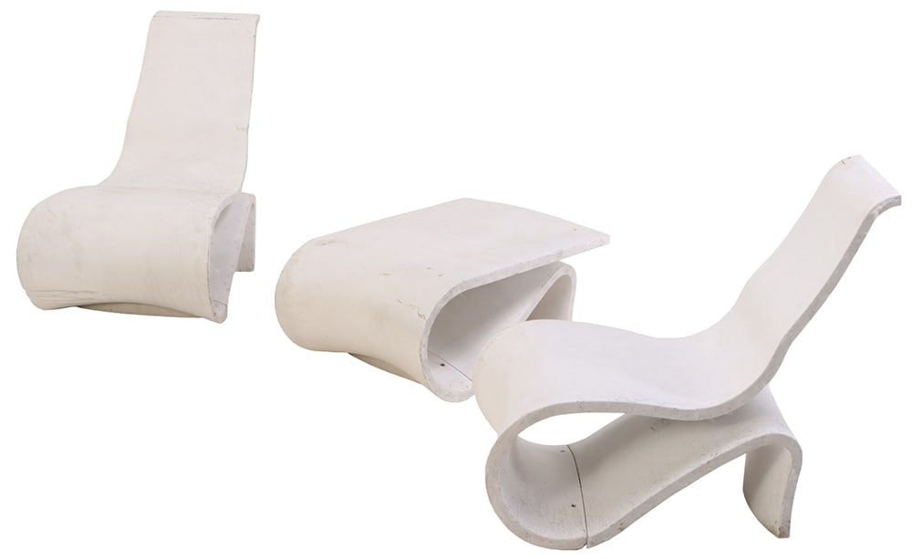 RARE FRENCH MODERNIST STYLE CAST STONE PAIR OF TWO PART CHAIRS WITH MATCHING TABLE C 1985. (1 of 6)