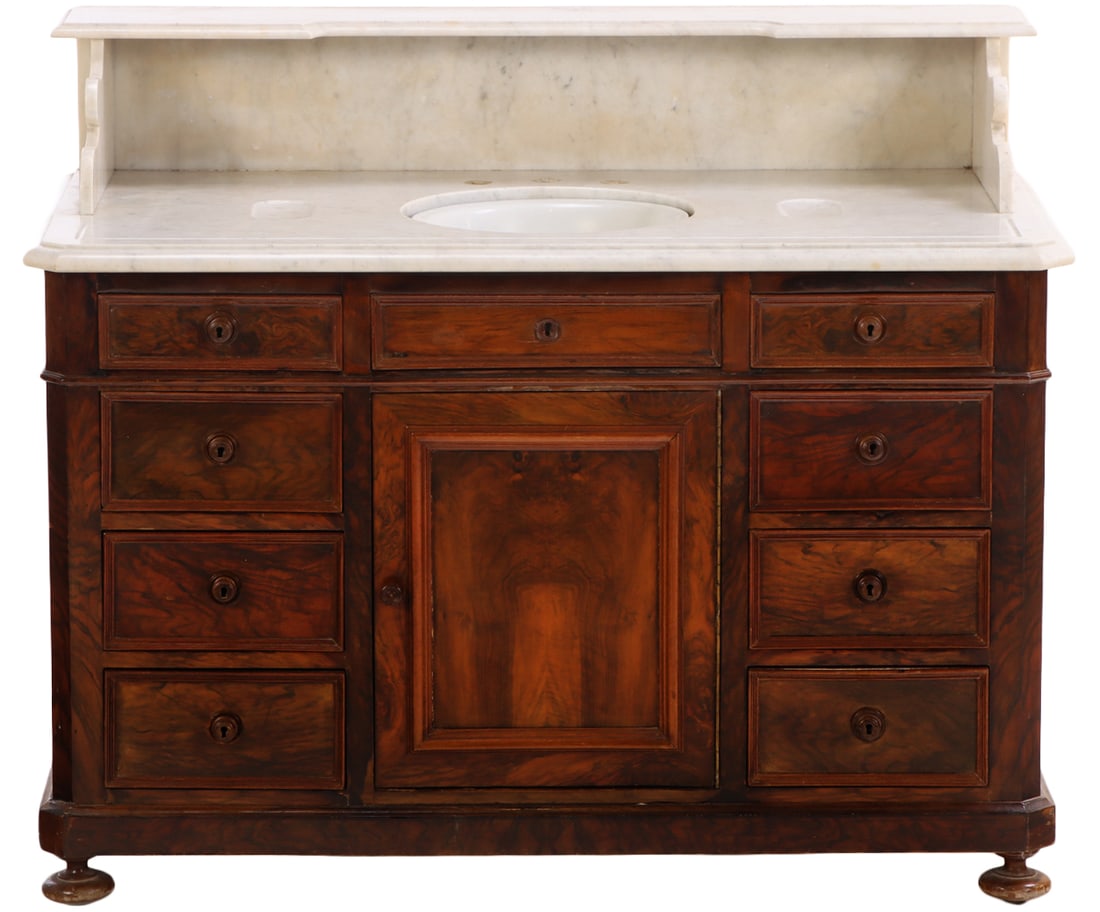 FRENCH WALNUT AND BURL WALNUT SINK CABINET WITH TILTING PORCELAIN BOWL C 1880. (1 of 8)