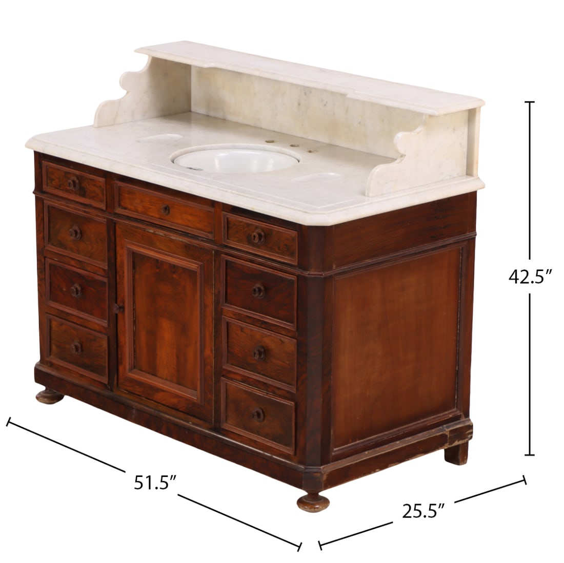 FRENCH WALNUT AND BURL WALNUT SINK CABINET WITH TILTING PORCELAIN BOWL C 1880.: French walnut and burl walnut sink cabinet with tilting porcelain bowl C 1880. Ht: 42.5" Wd: 51.5" Dpth: 25.5"
