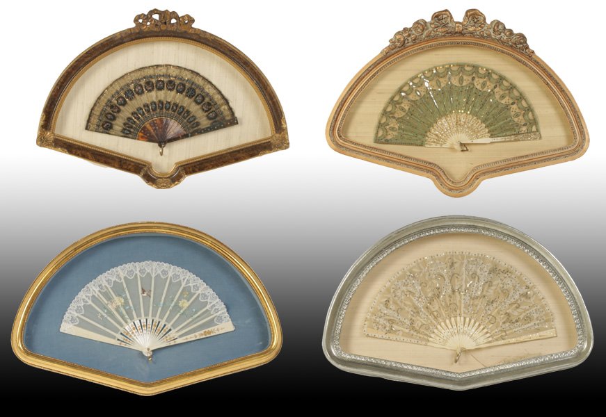 4 ANTIQUE LACE HAND FANS IN SHADOW BOXES C. 1900: A grouping of four antique lace hand fans mounted in decorative shadow boxes circa 1900. Ht: 15" Width: 22" Depth: 2" (Largest)