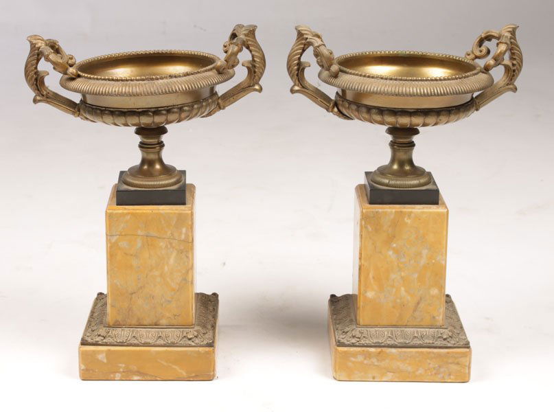2 PIECE BRONZE & MARBLE GARNITURE SET CIRCA 1900: Handsome two piece bronze and marble garniture set circa 1900. Ht: 12.5" Width: 8.5" Depth: 6.5"