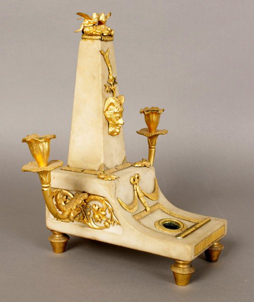 19TH C. MARBLE & GILT BRONZE INK & CANDLE STAND: A fine nineteenth Century French marble and gilt bronze mounted ink and candle stand. Ht: 14" Width: 14" Depth: 10"
