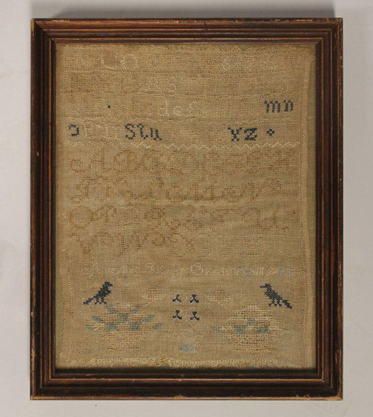 FADED 19TH C. SAMPLER: A very faded nineteenth century sampler. Ht: 12" Width: 10" (framed)