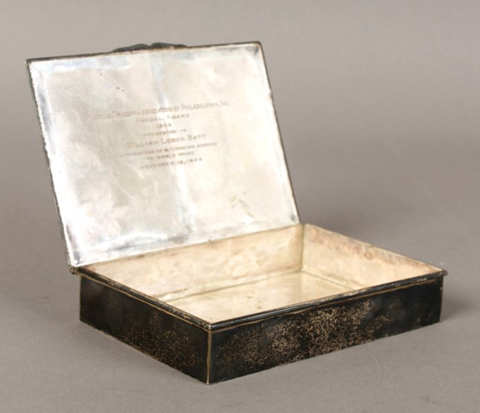 J.F.CALDWELL STERLING SILVER BOX CIRCA 1946: A J.F. Caldwell Sterling silver lidded box with interior lid monogram and date, circa 1946. 10.89 Troy Ounces. Ht: 1.25" Width: 6.25" Depth: 4.25"