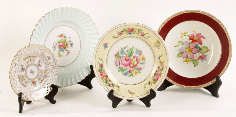CLEMATIS, MINTON, DRESEN DISHES PORCELAIN: Four mixed sets of dishes, all with foliate decoration circa 1950. Consisting of twelve Clematis dinner plates, twelve Minton dinner plates, ten Dresden dessert plates, and twelve ambassador luncheon 