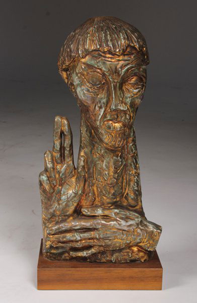 BOLESLAW CYBIS ABSTRACT BUST OF A SAINT PORCELAIN: Boleslaw Cybis (Polish, 1895-1957) Abstract bust of a saint in mid-blessing, gold lustre porcelain. Ht: 20" Width: 9.5" Dia: 5.5"