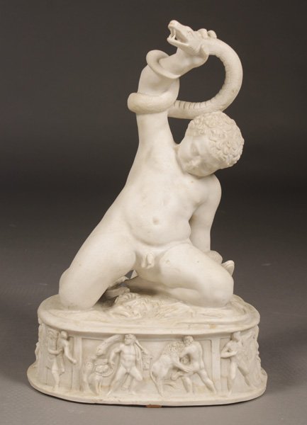 ITALIAN COMPOSITION MARBLE STATUE OF HERCULES AS A BOY: Charming Italian composition marble statue of Hercules as a boy wrestling with serpents, circa 1880. Ht: 18.5" Width: 12" Depth: 9"