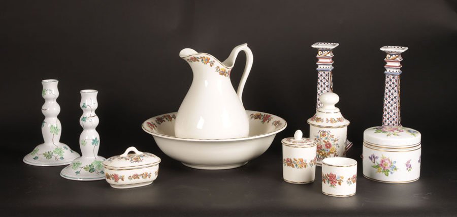 11 PIECE LOT OF PORCELAIN TABLEWARE: Eleven piece lot of tableware. Including a bowl and pitcher, lidded vessels, two pairs of candlesticks, floral candlesticks labeled Herend, and a pitcher labeled San Claudio, Asturias. Ht: 4" Dia: 14"