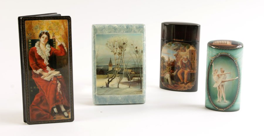 4 HAND PAINTED RUSSIAN LAQUER BOXES SERGEY TIURIN: Group of four hand painted Russian laquer boxes featuring pamphlet titled 'Art workshop Sergey Tiurin.' Featuring one portrait, two scenic boxes and one ballet themed box. Ballet box measures 6" H, 2"