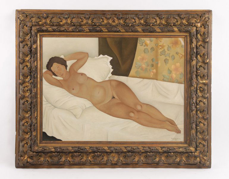 BARNA BASILIDES NUDE OIL CANVAS SIGNED 1956: Barna Basilides (Hungarian, 1903-1967) Reclining nude, oil on canvas. Signed lower right "Barna Basilides, 1956". Image size: (28" x 38.5") Ht: 43" Width: 53.25"(framed)