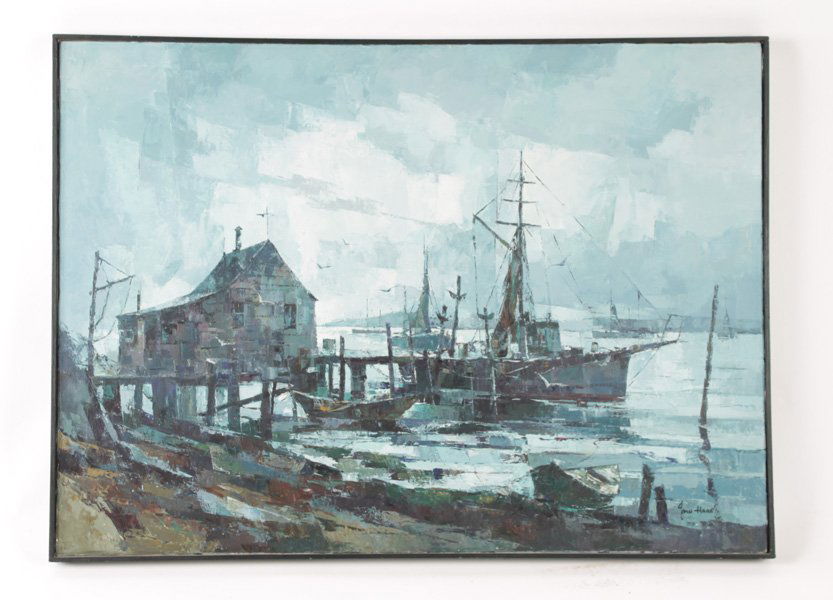 JOHN CUTHBERT HARE "HARBOR MOONLIGHT MENEMSHA": John Cuthbert Hare (Massachusettes/Florida, 1908-1978) "Harbor Moonlight Menemsha", oil on canvas, signed lower right "John Hare". Ht: 26.75" Width: 36.75" (framed size)