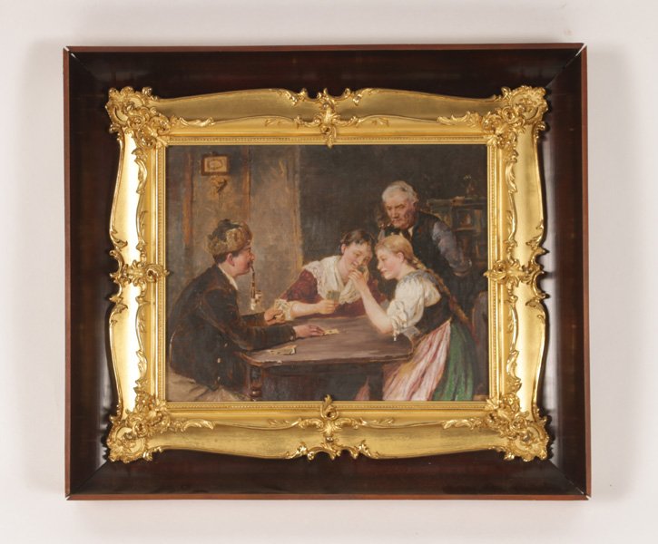 INTERIOR SCENE OF A GROUP A PEOPLE PLAYING CARDS: Interior scene depicting a group of individuals playing cards, signed indistinctly lower left. Image size: 8" x 10" Ht: 11.5" Width: 13.5" (framed size)