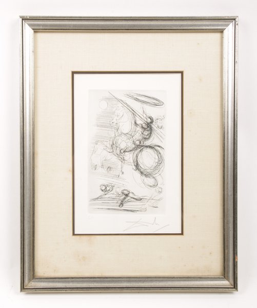 SIGNED SALVADOR DALI ETCHING TITLED "MOON RIDER": Salvador Dali (French/Spanish, 1904-1989) "Moon Rider" etching on paper, artist proof signed lower right in pencil. Certificate of Authenticity en verso. Image size: 9" x 5.5" Ht: 19.25" Width: 15.25"