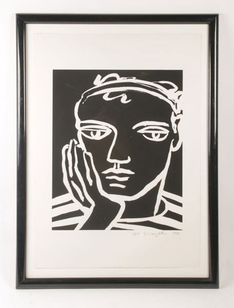 TOM SLAUGHTER SIGNED SILKSCREEN ON PAPER PORTRAIT: Tom Slaughter (American, B.1955) Portrait of a man, silkscreen on paper, hand signed "T. Slaughter", 1990 Edition 6/15. Ht: 50.5" Width: 36" (framed size)