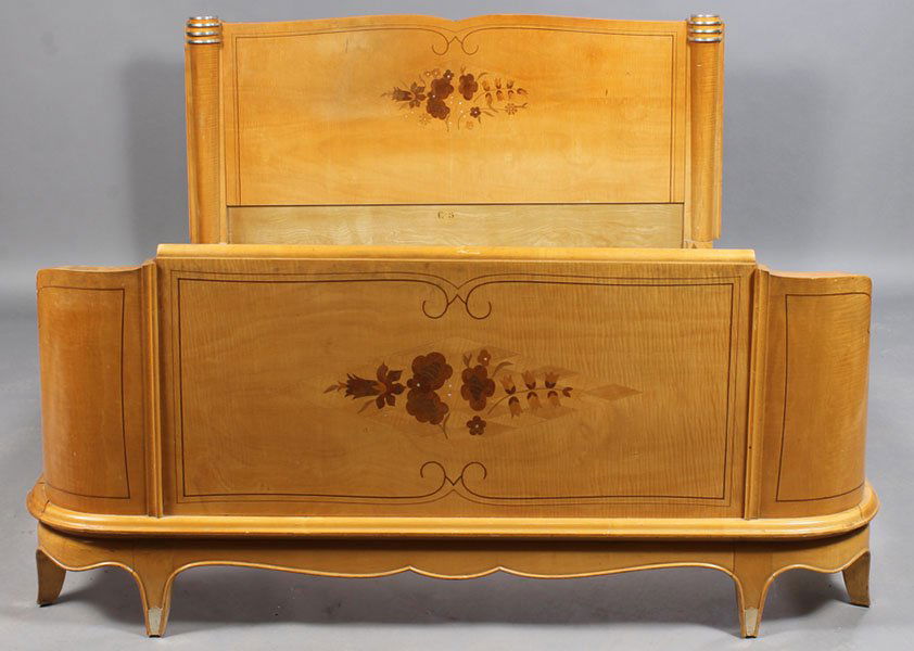 FRENCH ANDRE ARBUS FIGURAL MAPLE BED: French Jules Leleu figured maple full size bed with satinwood, walnut and mother of pearl floral inlaid headboard and footboard circa 1940. The headboard with bronze mounted columns flanking central p