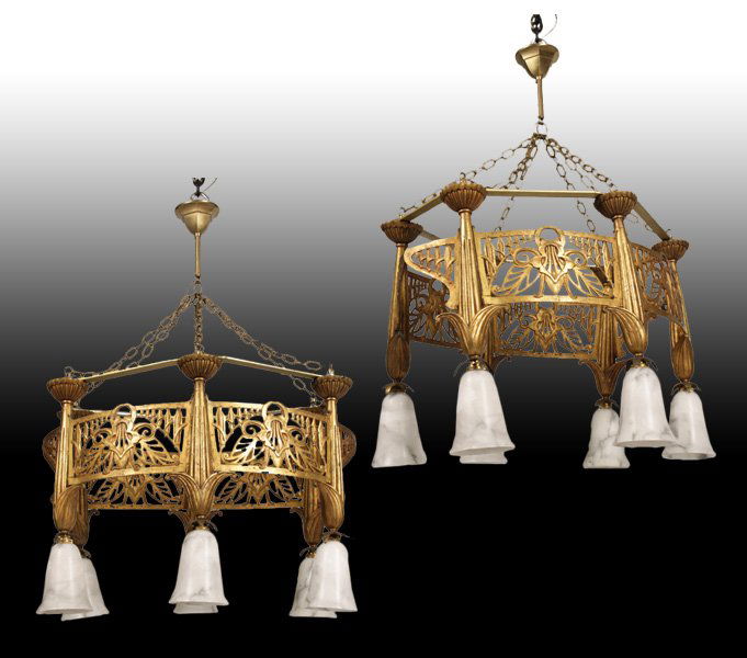 MATCHING PR ART NOUVEAU CHANDELIERS ALABASTER: Matching pair of Art Nouveau chandeliers with alabaster shades circa 1910. Two of the alabaster shades are damaged, and need repair. Ht: 36" Width: 23" Depth: 28"