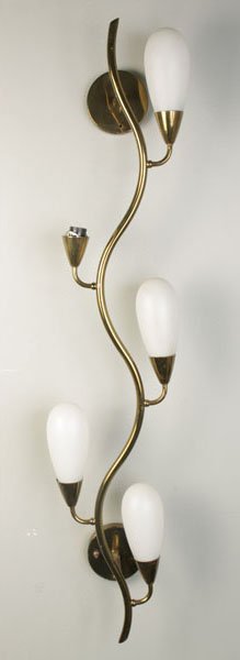 A MID-CENTURY MODERN WALL SCONCE CIRCA 1970: A Mid-Century modern wall sconce having brass arms and pod form opaque glass shades circa 1970. Ht: 45.5"