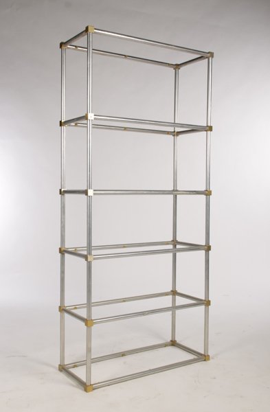 MODERN METAL ETEGERE NO SHELVES: A mid century modern metal etegere circa 1970. Lacking shelves. Ht: 72" Width: 32.5" Depth: 14"