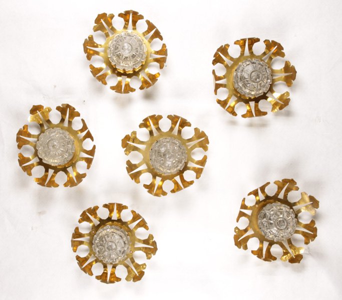 6 MID CENTURY MODERN FRENCH BRASS & GLASS SCONCES: Set of six Mid Century Modern French brass and glass scones evoking an ice igloo and snowflake design, circa 1975. Dia: 11"