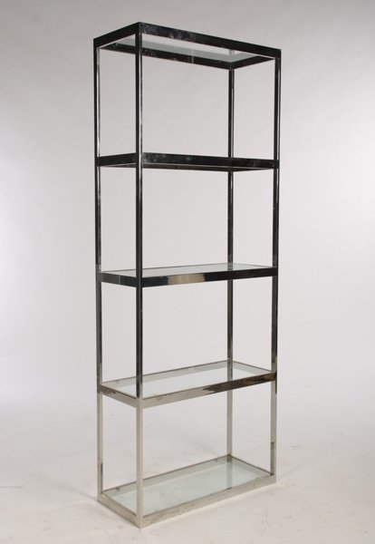MODERN CHROME ETEGERE GLASS SHELVES: A mid century modern chrome etegere having glass shelves circa 1970. Ht: 72" Width: 28" Depth: 12"