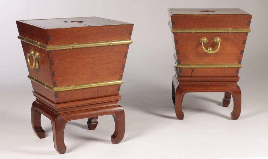 PR MODERN JAMES MONT STYLE ASIAN PLANTERS BRASS: A pair of mid century modern James Mont style Asian inspired planters having brass trimmed tapering vessels raised on bases circa 1960. Ensuite with the following lot. Ht: 24.5" Width: 18" Depth: 18"
