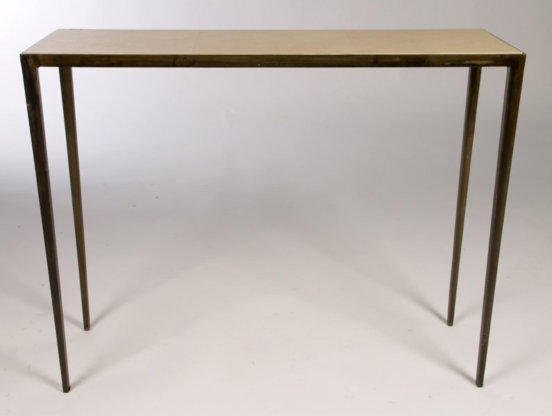 CONSOLE TABLE PARCHMENT JEAN MICHELLE FRANK: An iron console table having a parchment top and tapering legs in the manner of Jean Michele Frank. Ht: 31.5" Width: 39.5" Depth: 12"