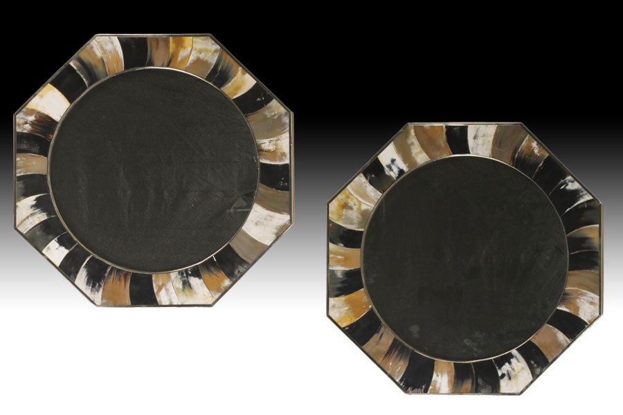 PR KARL SPRINGER OCTAGONAL BONE MIRRORS: A pair of Karl Springer style octagonal bone mirrors with chrome trim. Dia: 31.5"